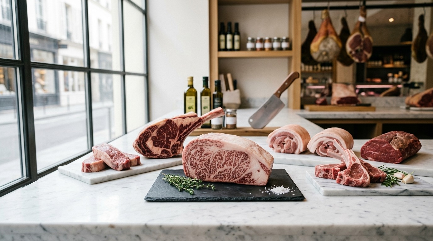 Premium Wagyu ribeye, tomahawk, lamb chops and cuts on a marble butcher counter